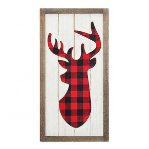 IVYDECO Vintage Farmhouse Christmas Scottish Plaid Deer Tree Living Room Wooden Wall Decor