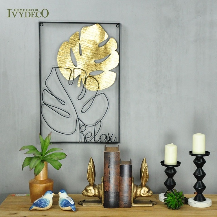 IVYDECO Luxury gold leaf metal wall art  Word metal frame 2 pieces leaves decoration home hotel metal wall decor