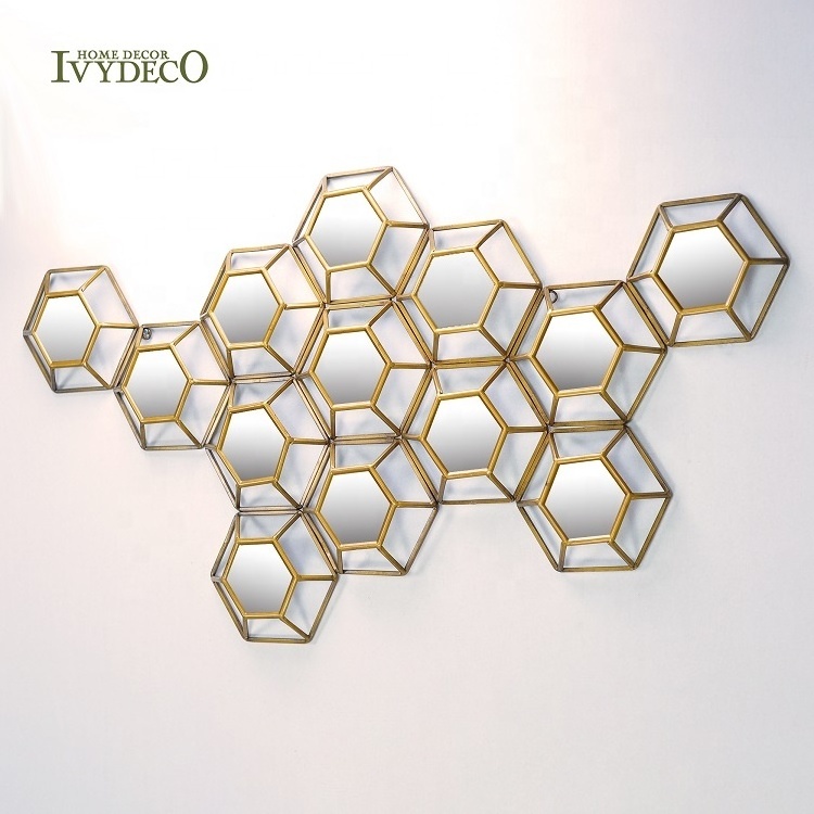 IVYDECO Decorative Livingroom Unique 3D Hexagonal Golden Metal Framed Mirrors home decor wall mirrors