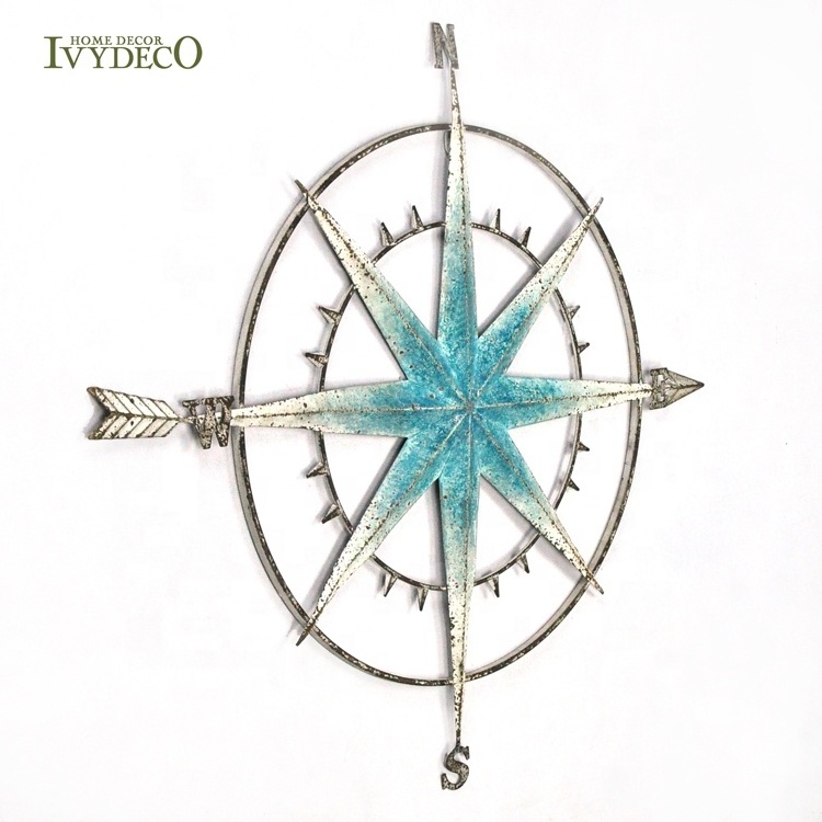 IVYDECO Retro Distressed Nautical Decor Circle Arrow Compass Wall Deco  Metal Art Home Decoration