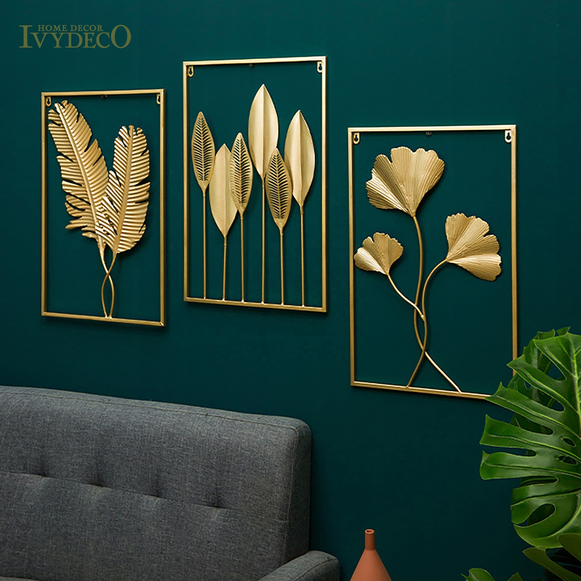 IVYDECO luxury Wall arts bedroom and living room Display Lobby Gold Wrought Iron Metal Frame hanging flower interior home decor