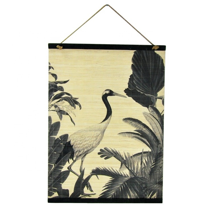 IVYDECO StyleCraft Bamboo Product Digital Print of Bird Plant Tree on Bamboo Wall Art Bamboo Curtain Wall Hanging with Hemp Rope