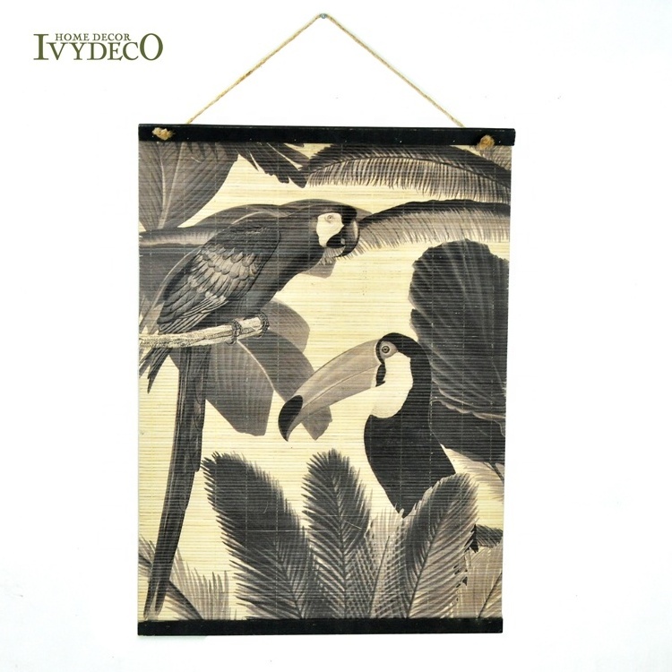 IVYDECO StyleCraft Bamboo Product Digital Print of Bird Plant Tree on Bamboo Wall Art Bamboo Curtain Wall Hanging with Hemp Rope