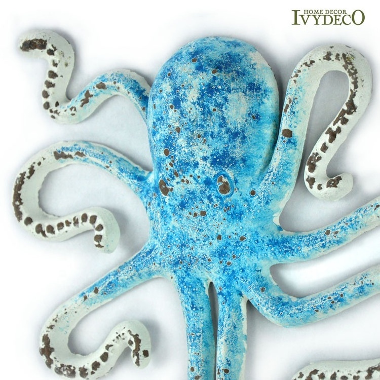 IVYDECO Ocean Series Metal Art Wall Decor Octopus Metal Wall Art Iron Wall Decor Hooks