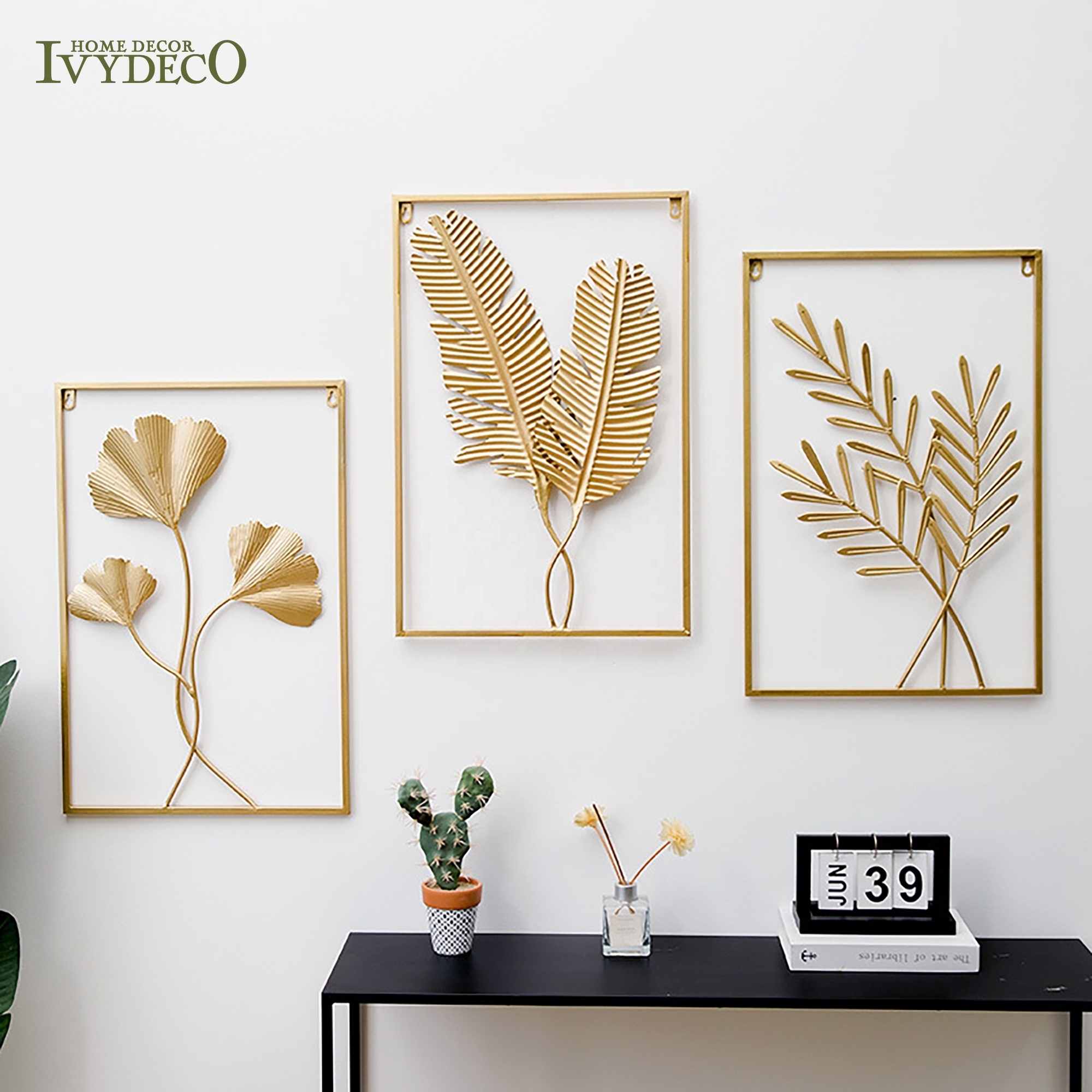 IVYDECO luxury Wall arts bedroom and living room Display Lobby Gold Wrought Iron Metal Frame hanging flower interior home decor