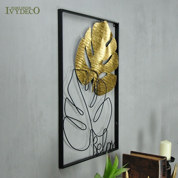 IVYDECO Luxury gold leaf metal wall art  Word metal frame 2 pieces leaves decoration home hotel metal wall decor