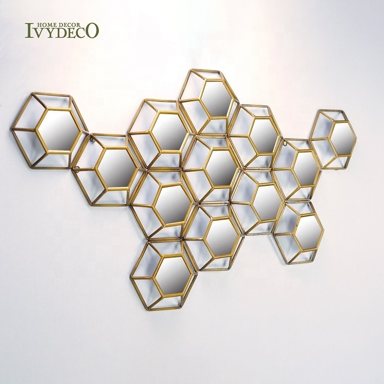 IVYDECO Decorative Livingroom Unique 3D Hexagonal Golden Metal Framed Mirrors home decor wall mirrors