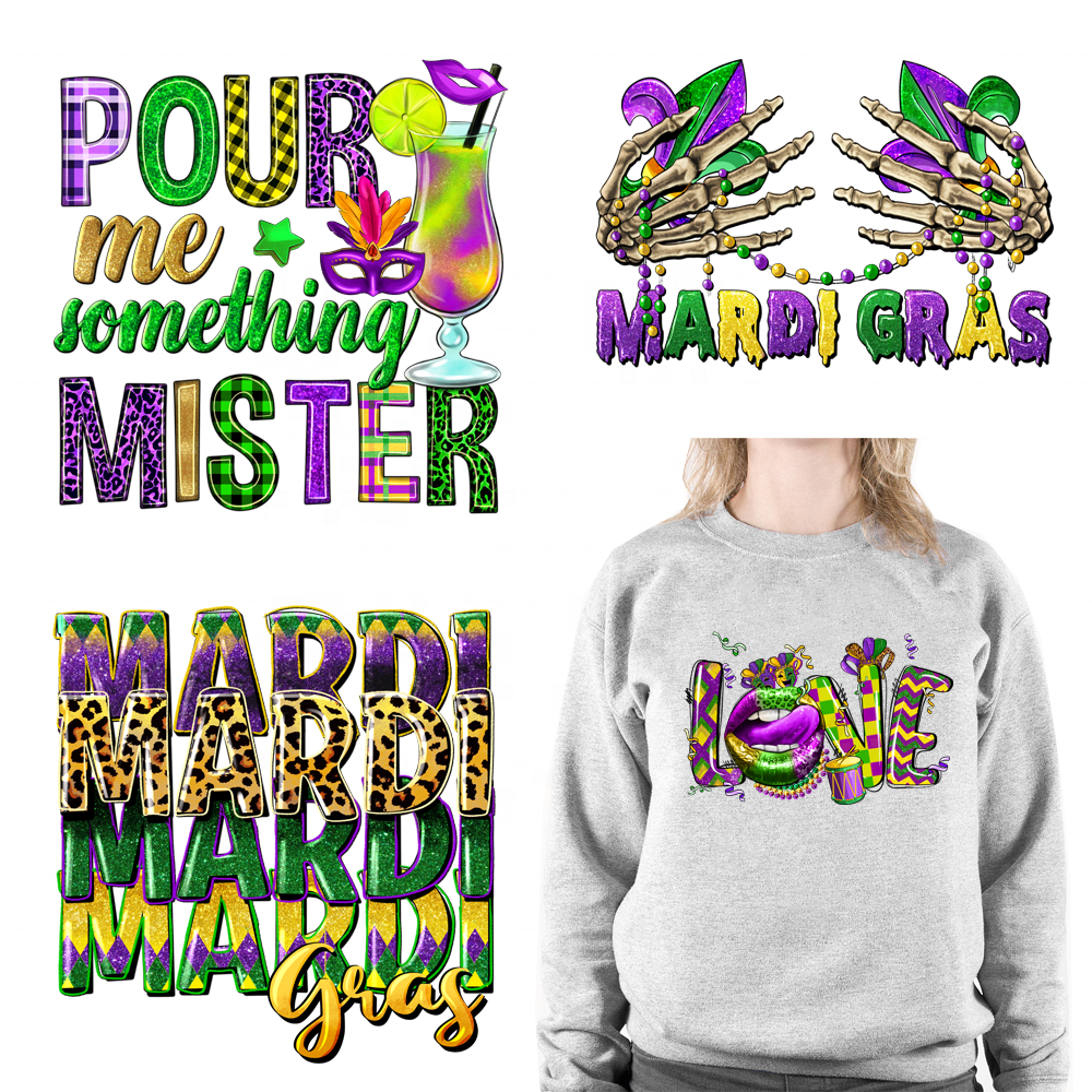 New Arrival Mardi Gras Leopard DTF Iron On Sticker Peace Love Mardi Gras Heat Transfer Stickers For T Shirts Clothes