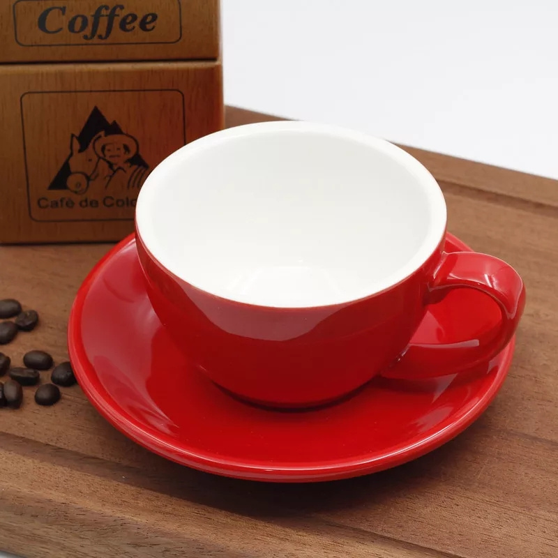 Ceramic Cappuccino Barista Latte Art Cup and Saucer for Coffee Shop Glossy Red 8oz/10oz