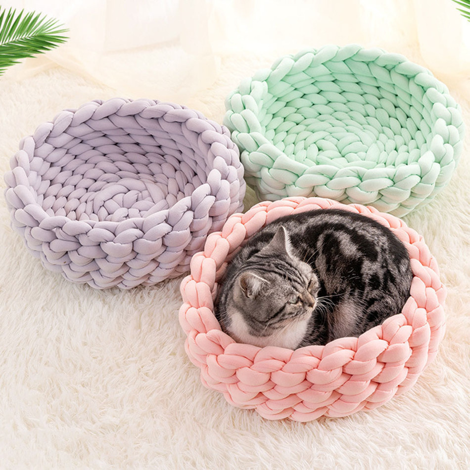 High Quality Handmade Cotton Tube Braided Dog Bed Round Dog Basket Knit Knotted Pet Beds