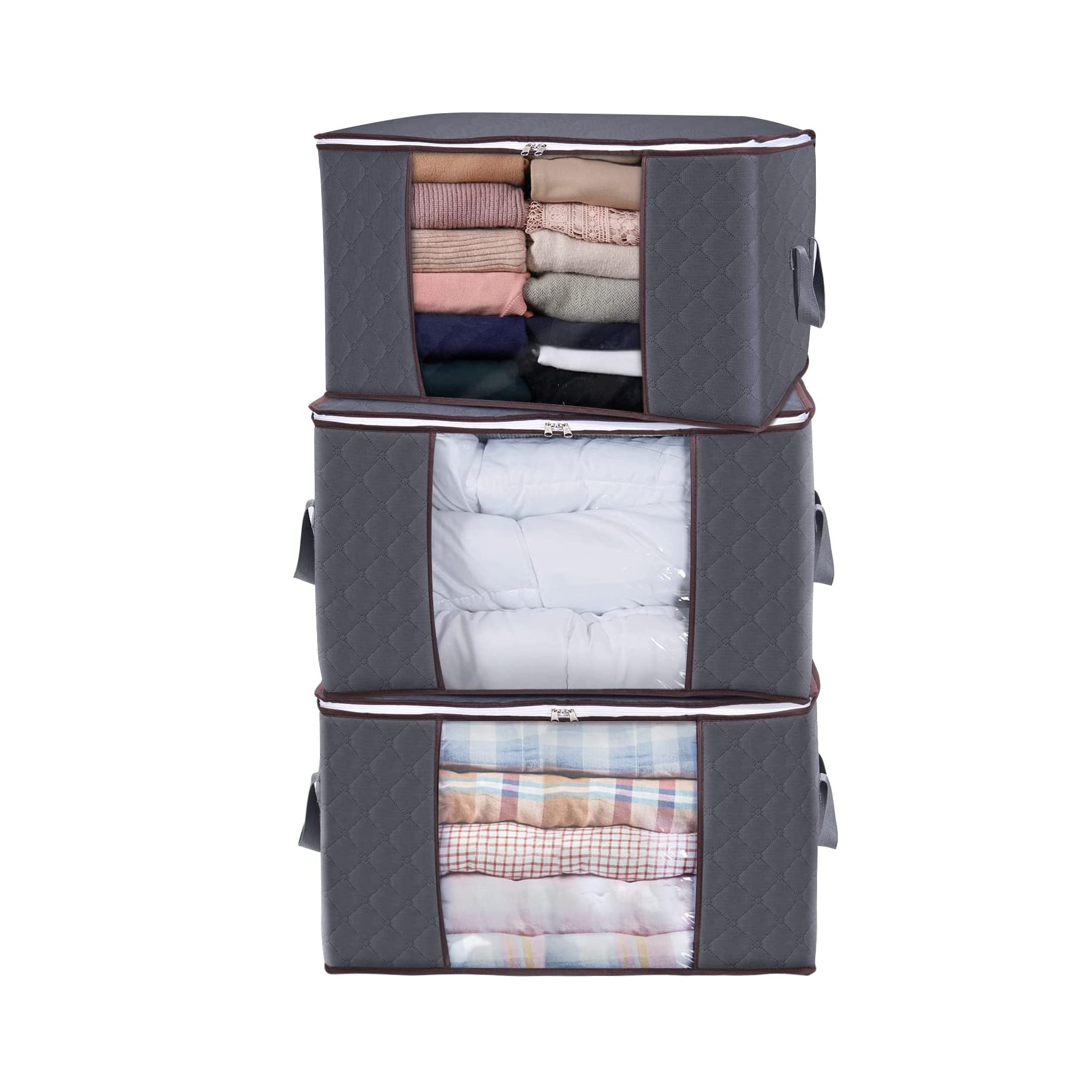 180g 3 tiers Grey Breathable Wardrobe Storage Bag Organizer With Handle Clear Window Non-woven Clothing Storage Bags