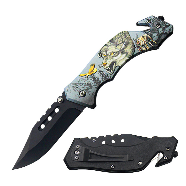 RTS Stainless Steel Wolf UV Handle Sharp Jungle Folding Pocket Survival Knife