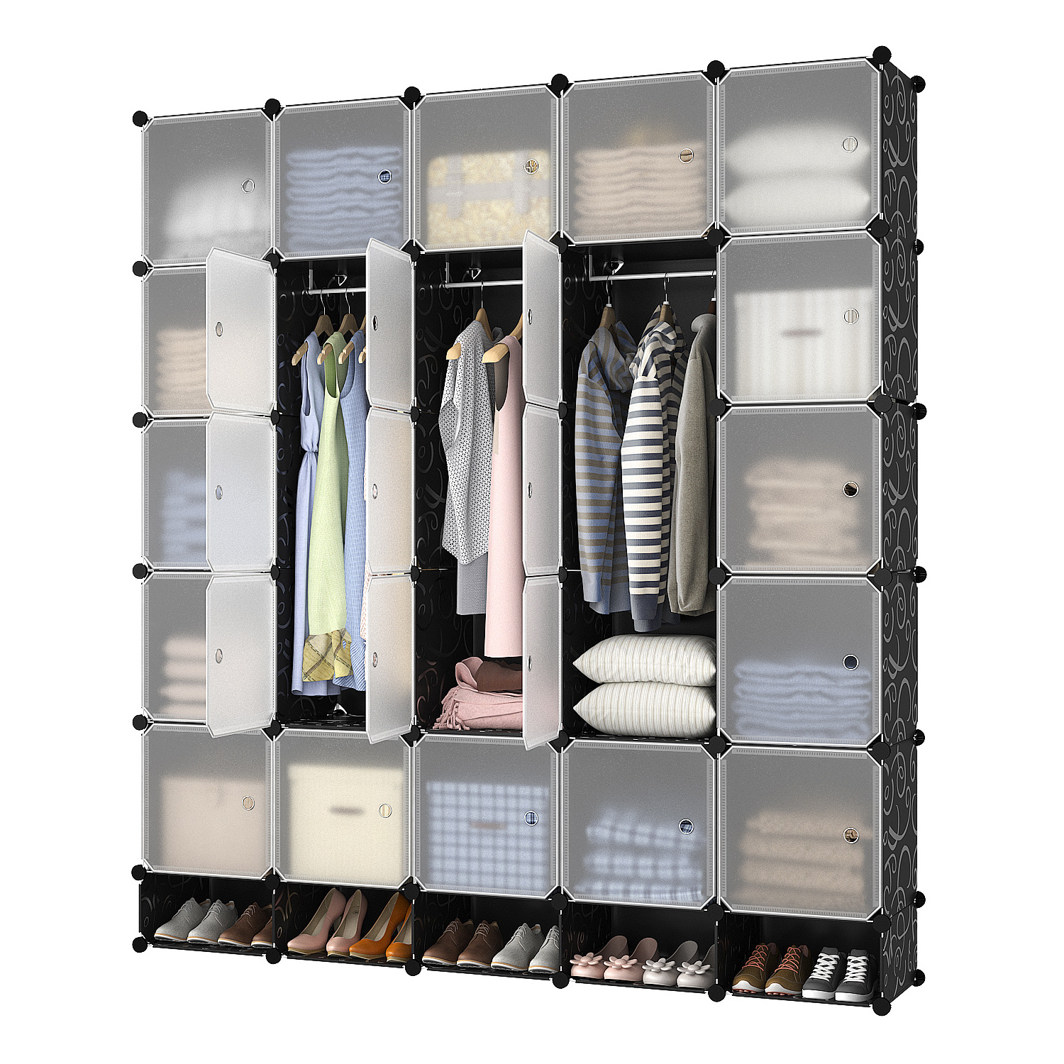 Black color plastic portable closet wardrobe easy to assemble pp portable modular cabinet