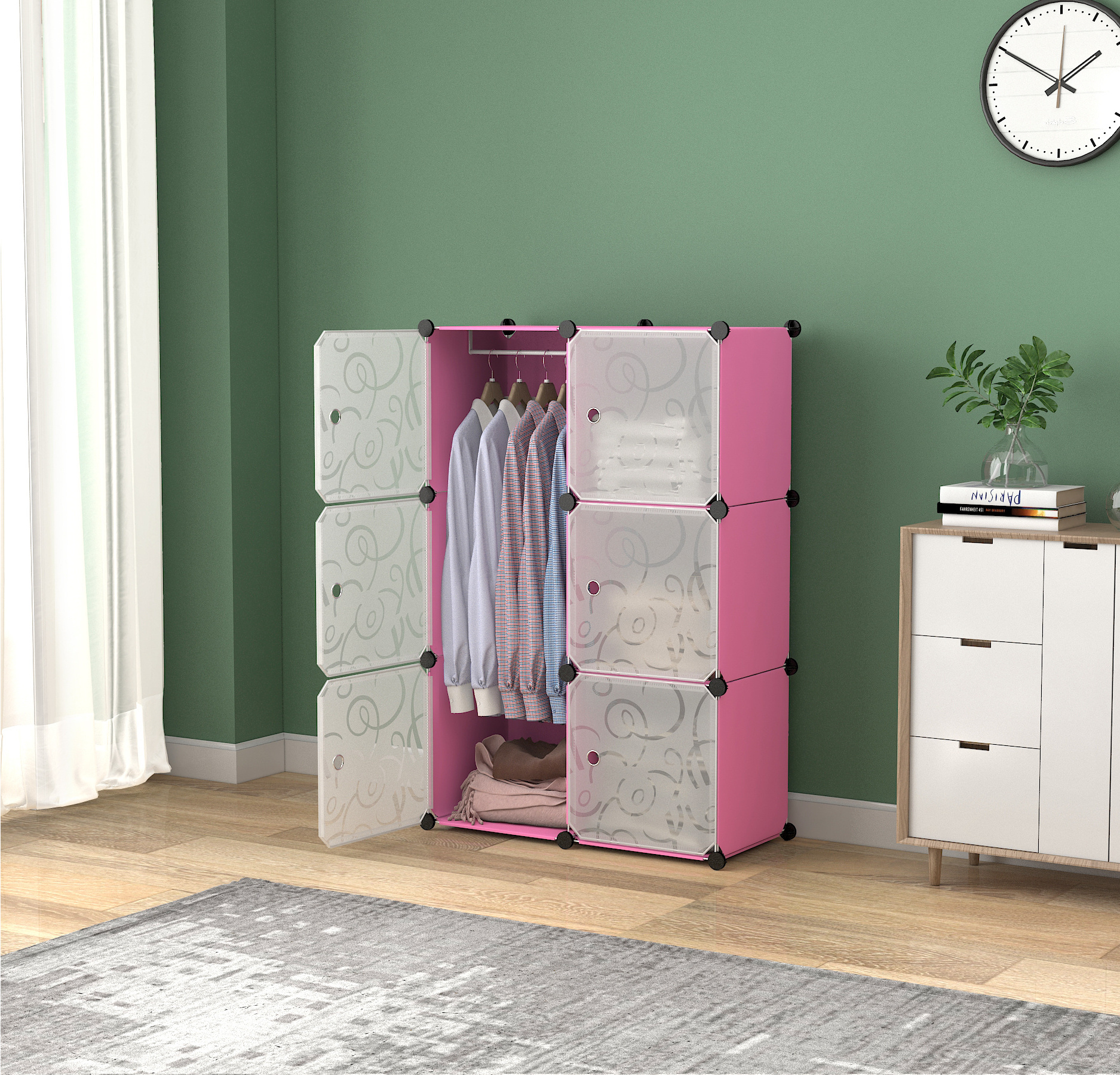 Portable Casual Armoire Wardrobe Removable Plastic Storage With door Divide Grid Shelves Combination Clothes Bedroom Home Blue