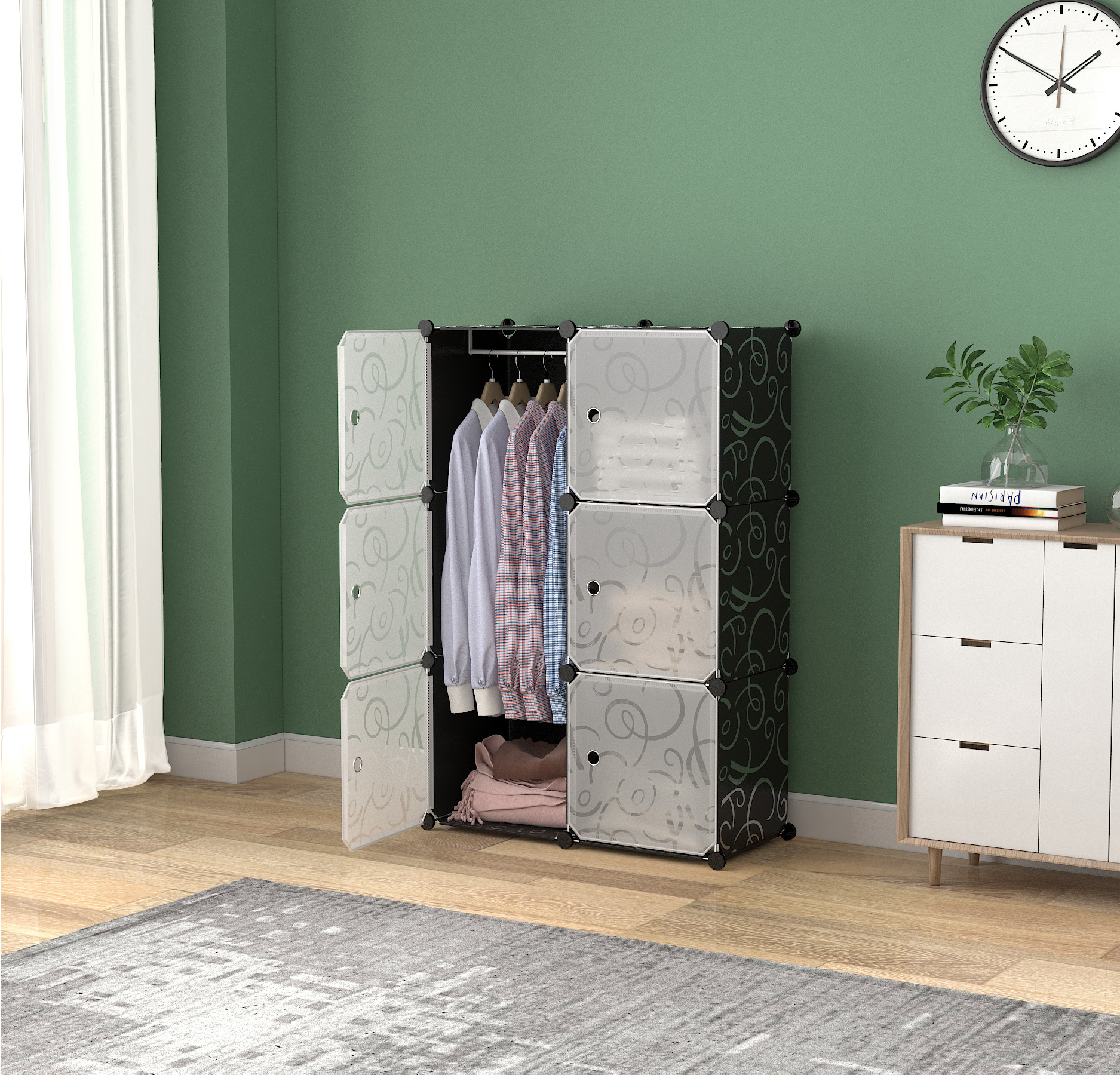 Portable Casual Armoire Wardrobe Removable Plastic Storage With door Divide Grid Shelves Combination Clothes Bedroom Home Blue