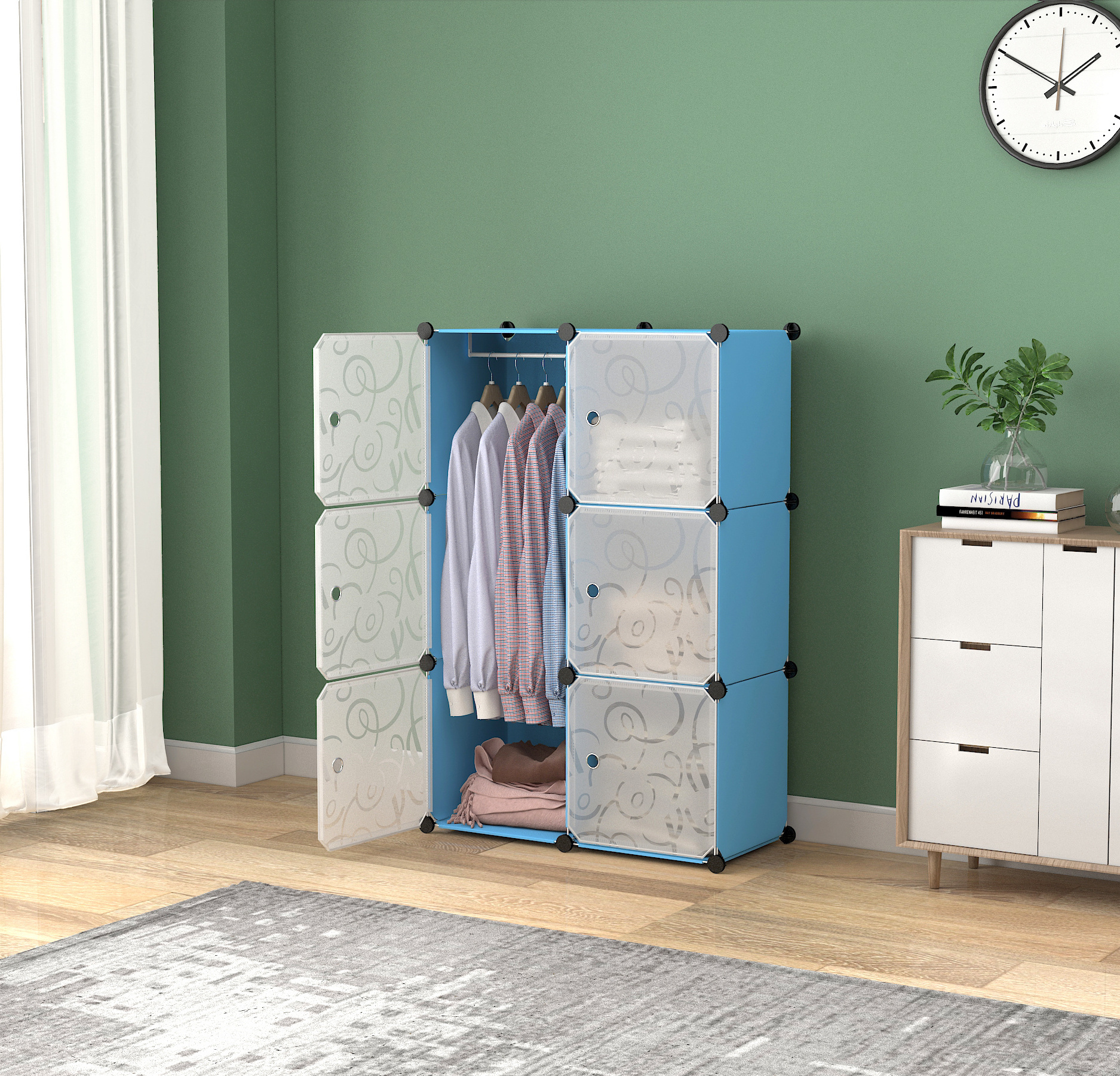 Portable Casual Armoire Wardrobe Removable Plastic Storage With door Divide Grid Shelves Combination Clothes Bedroom Home Blue