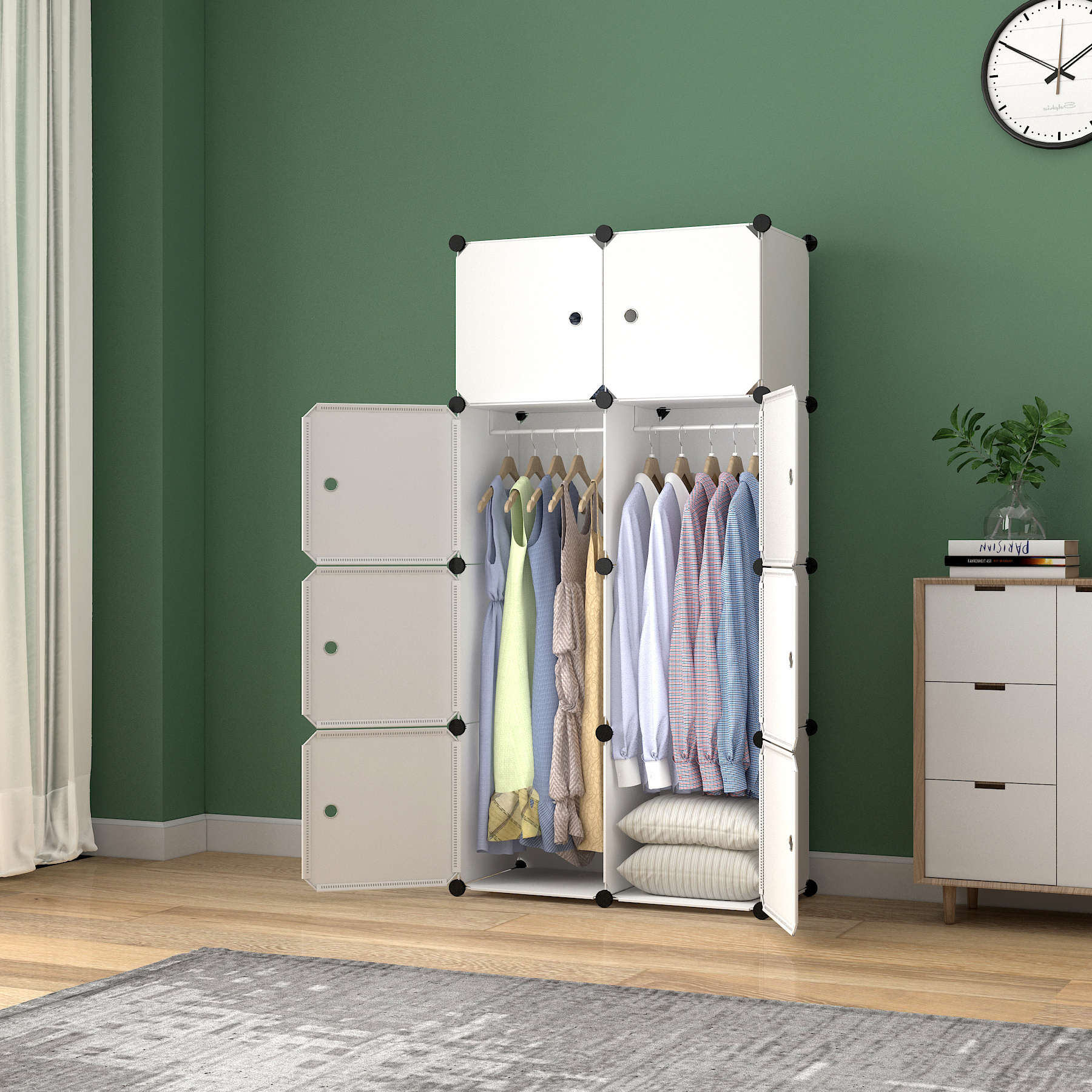 Wardrobe Closets for Bedroom Portable Resin Wood Pattern Armoire Modular Cabinet Dresser Cubby Shelving Unit for Hanging Clothes