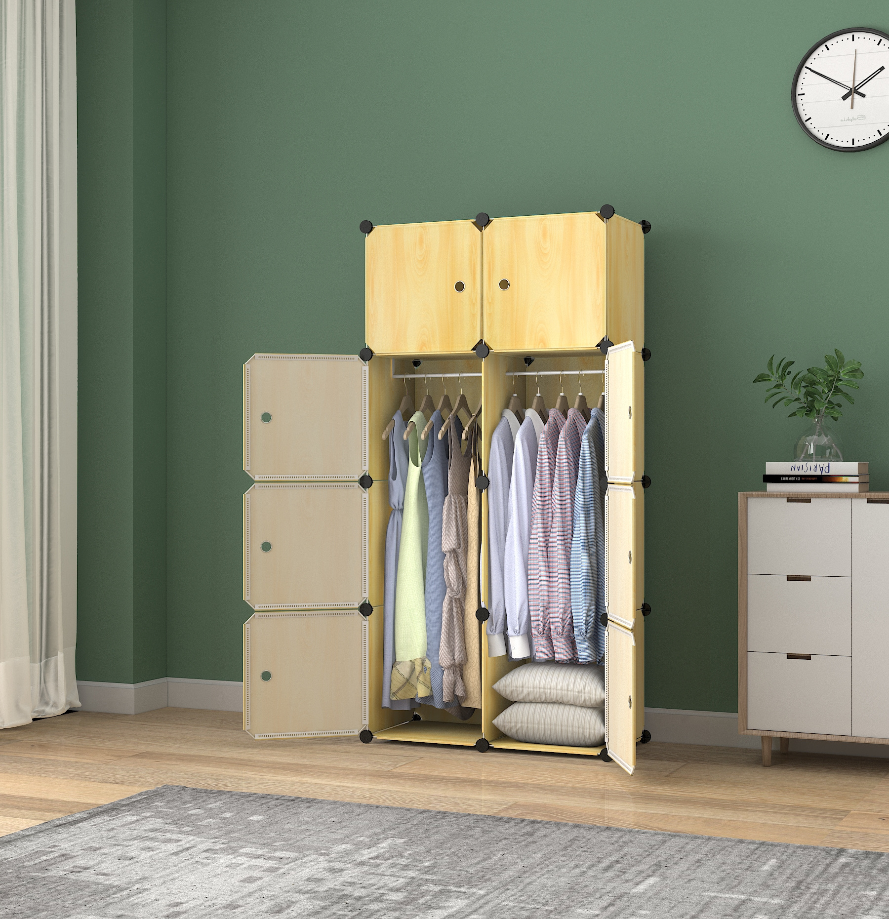 Wardrobe Closets for Bedroom Portable Resin Wood Pattern Armoire Modular Cabinet Dresser Cubby Shelving Unit for Hanging Clothes