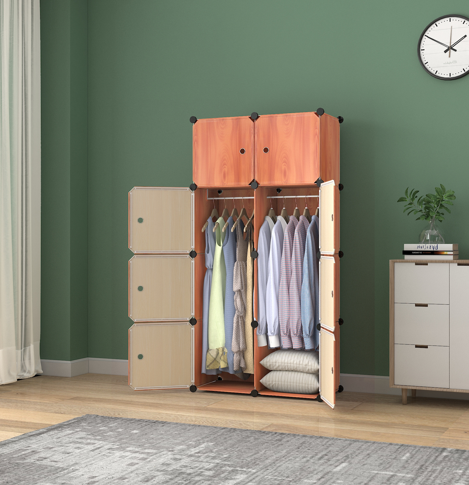 Wardrobe Closets for Bedroom Portable Resin Wood Pattern Armoire Modular Cabinet Dresser Cubby Shelving Unit for Hanging Clothes