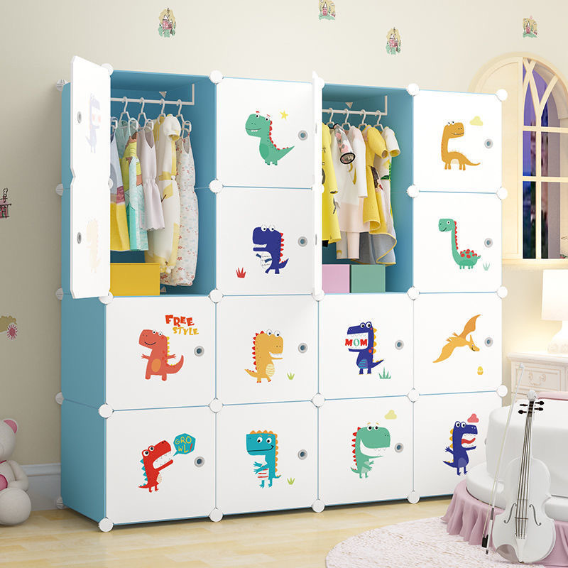 Portable Kids Wardrobe Baby Dresser Children Bedroom Armoire Clothes Closet with Animal Stickers Plastic Wardrobe Storage