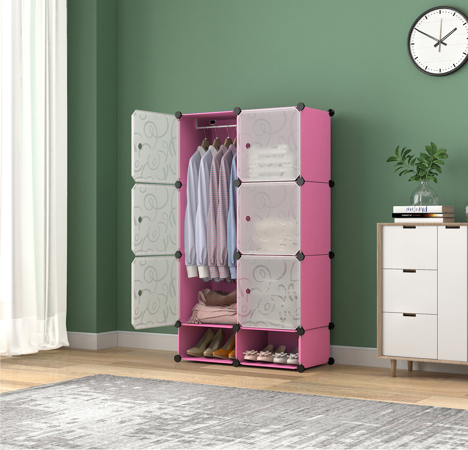 Portable Closet Wardrobe 6 Cube Storage Organizer with Doors Modular Storage Shelves Plastic Cubes Cabinet Wardrobe for Bedroom