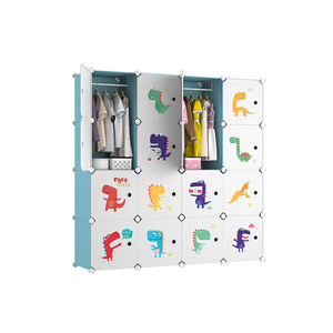 Portable Kids Wardrobe Baby Dresser Children Bedroom Armoire Clothes Closet with Animal Stickers Plastic Wardrobe Storage