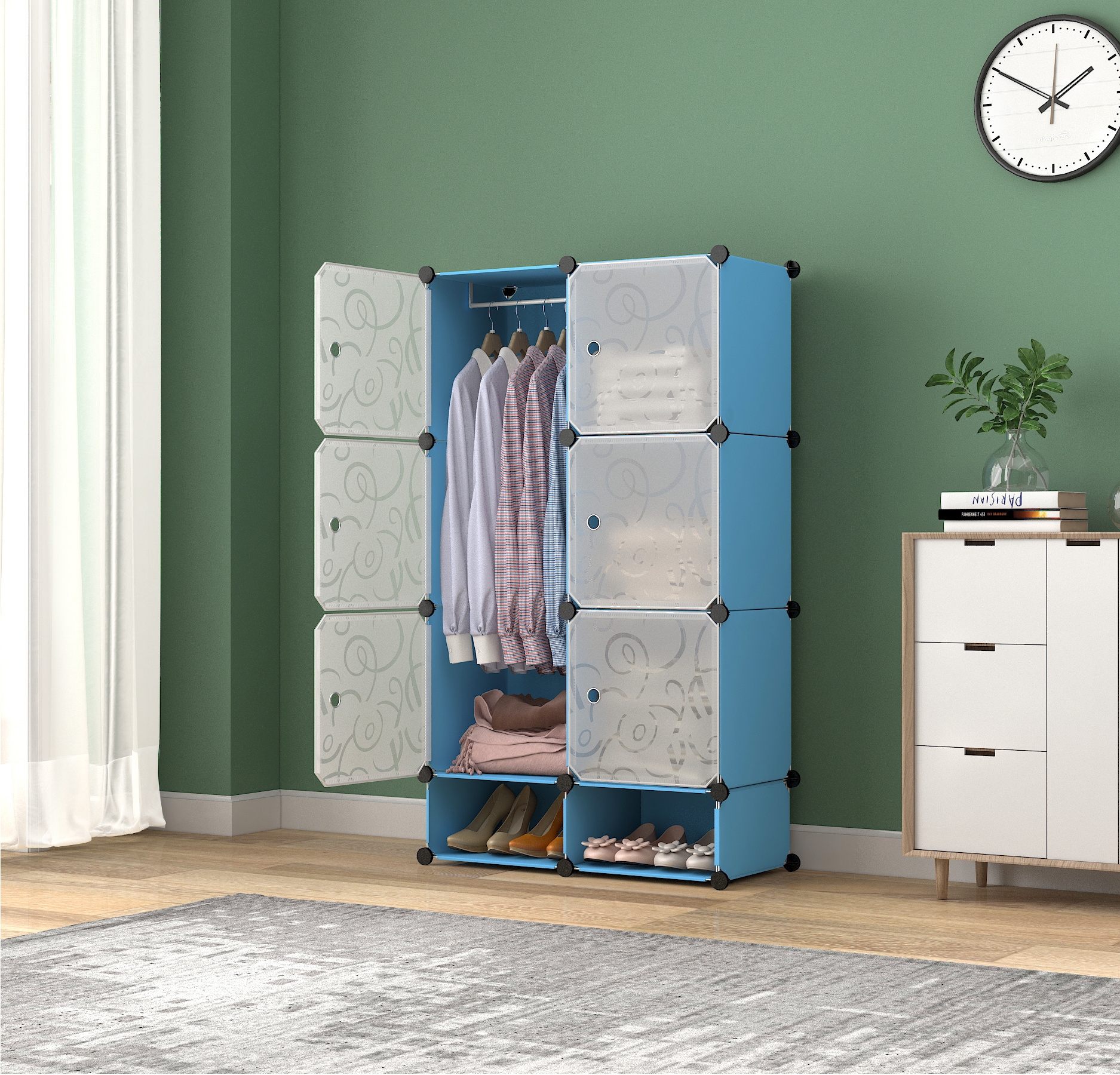 Portable Closet Wardrobe 6 Cube Storage Organizer with Doors Modular Storage Shelves Plastic Cubes Cabinet Wardrobe for Bedroom