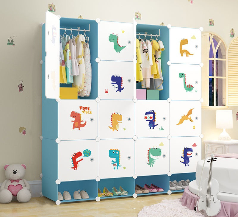 Portable Kids Wardrobe Baby Dresser Children Bedroom Armoire Clothes Closet with Animal Stickers Plastic Wardrobe Storage