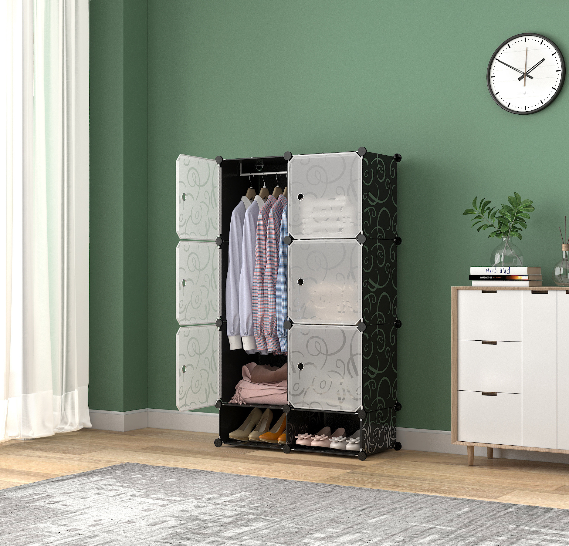 Portable Closet Wardrobe 6 Cube Storage Organizer with Doors Modular Storage Shelves Plastic Cubes Cabinet Wardrobe for Bedroom