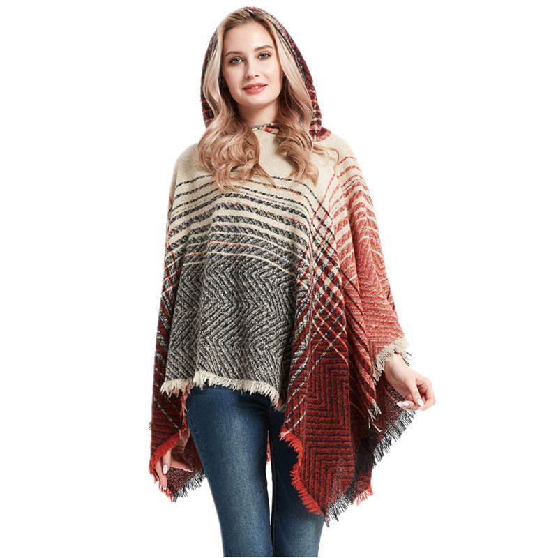 2023 new fashion ladies boho hooded shawls and poncho with sleeves women cashmere poncho