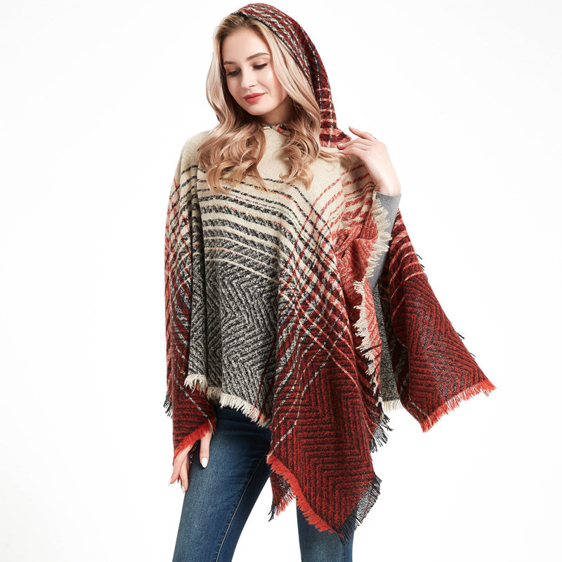 2023 new fashion ladies boho hooded shawls and poncho with sleeves women cashmere poncho