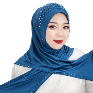 Wholesale popular Fashion Spandex Polyester hijab scarf Women Turban Hats with Beaded muslim instant foulard hijab for women