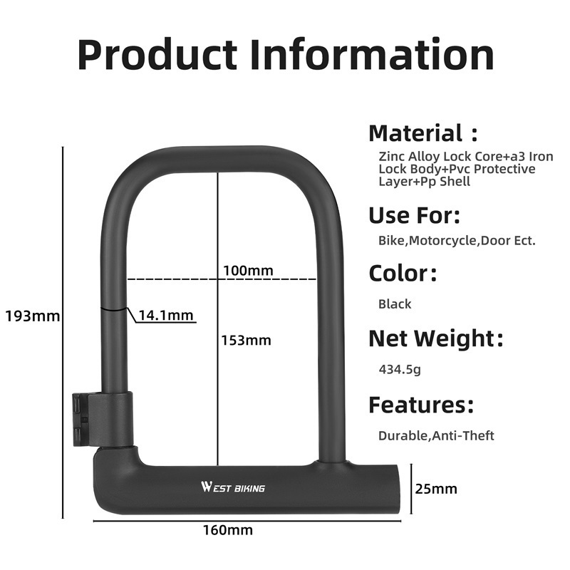 WEST BIKING Wholesale Anti-Cutting Anti-Theft Office Building Motorcycle Bike Lock Cycling Ble Bicycle U Lock For Safety