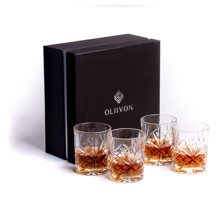 Custom Creative Engraved Crystal Round Whiskey Glasses Set Of 4 Drinking Glassware Gift Box For Father