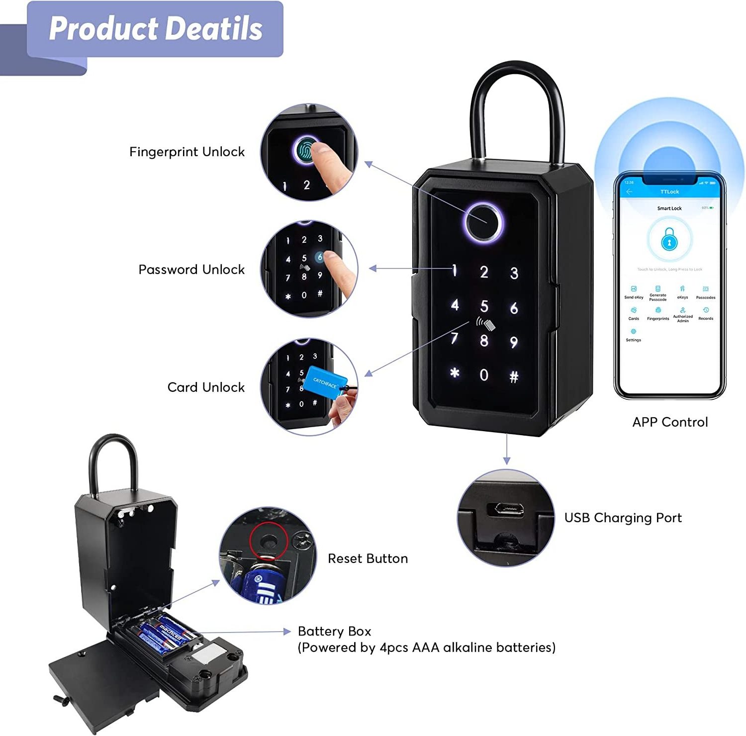 Key Lock Box,Fingerprint Lockbox Digital Key Lock Box Bluetooth Lock Box TTLock APP Share Ekey Waterproof Lockbox For Outdoor