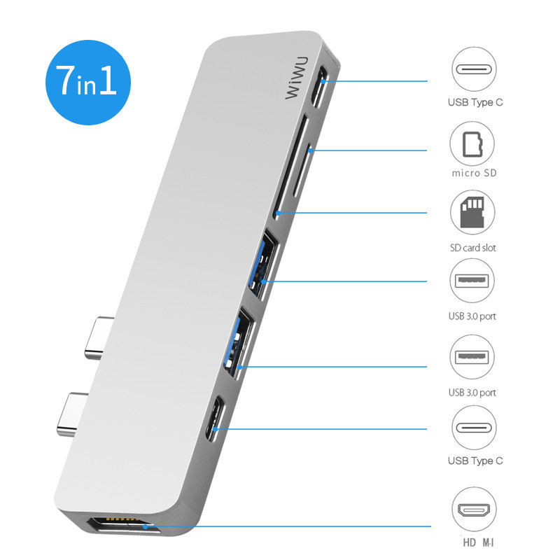 WiWU Usb Adapter Aluminum High Speed 4 USB 3.0 Hub 7 Port With Type C Hub To HD MI