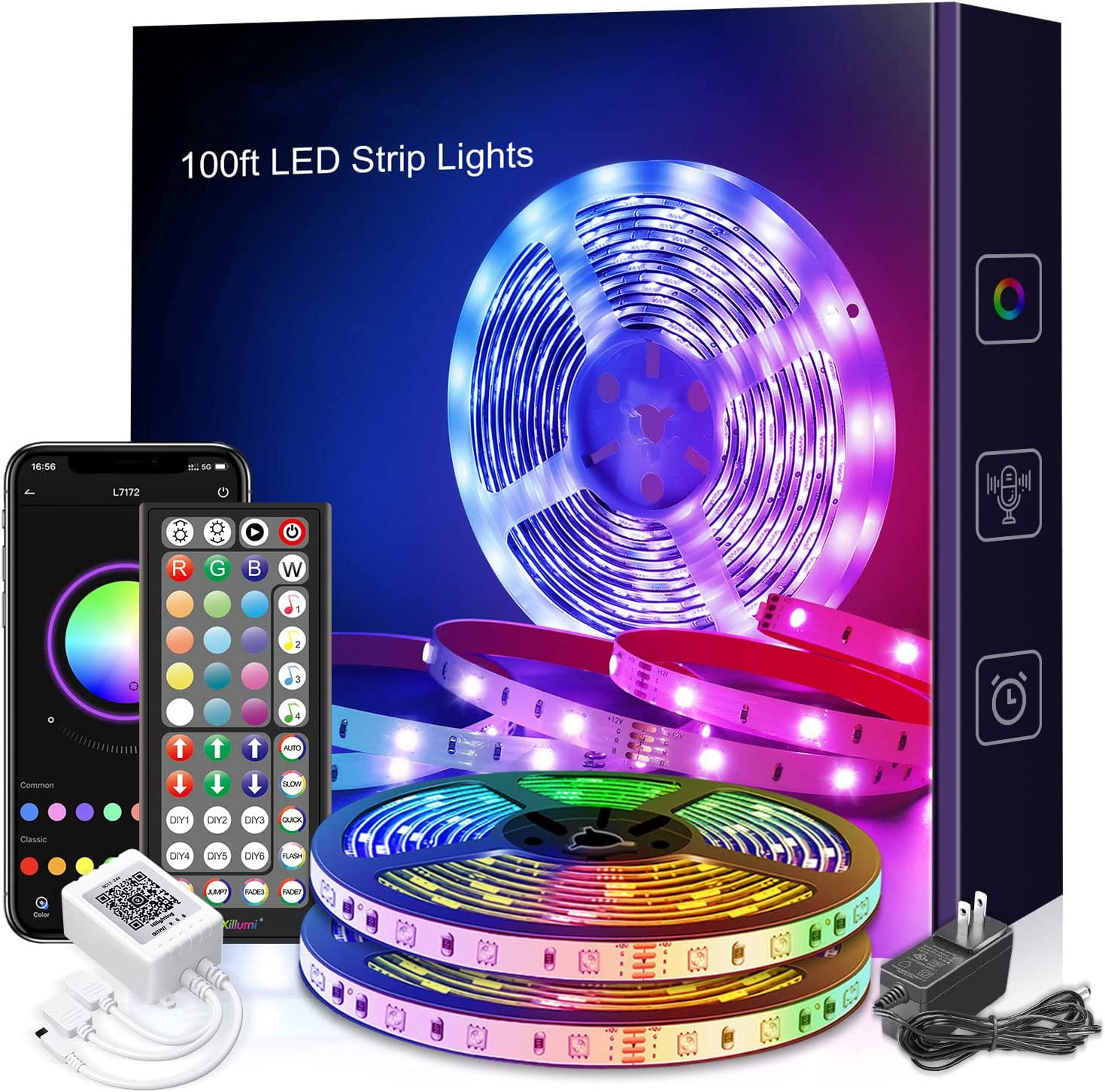 30ft Led Strip Lights with Remote and Power Supply Flexible RGB Color Changing Led Lights for Bedroom Kitchen Home Party