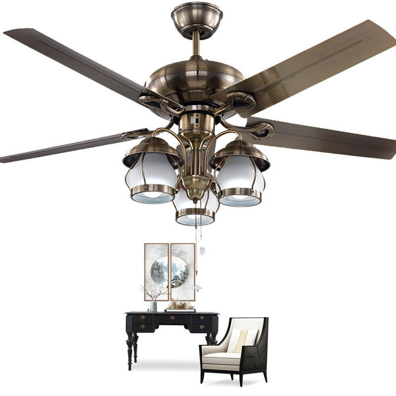 Classic E27 energy saving antique brass color plywood ceiling fan light with 3-speed control pull chain