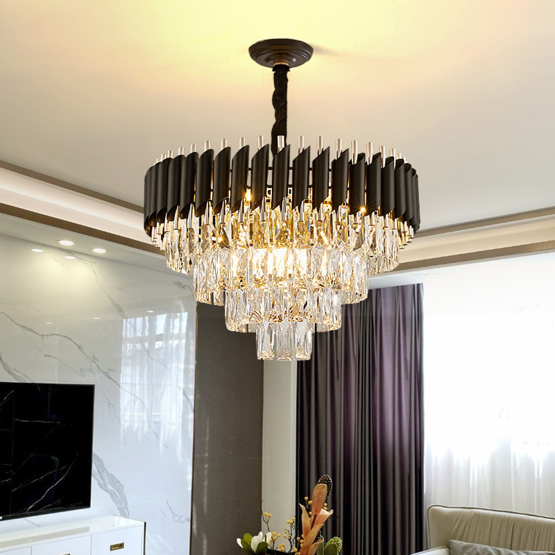 Round Indoor Luxury Ceiling Chandelier Black Gold LED Home Modern Crystal Chandeliers Pendant Lights