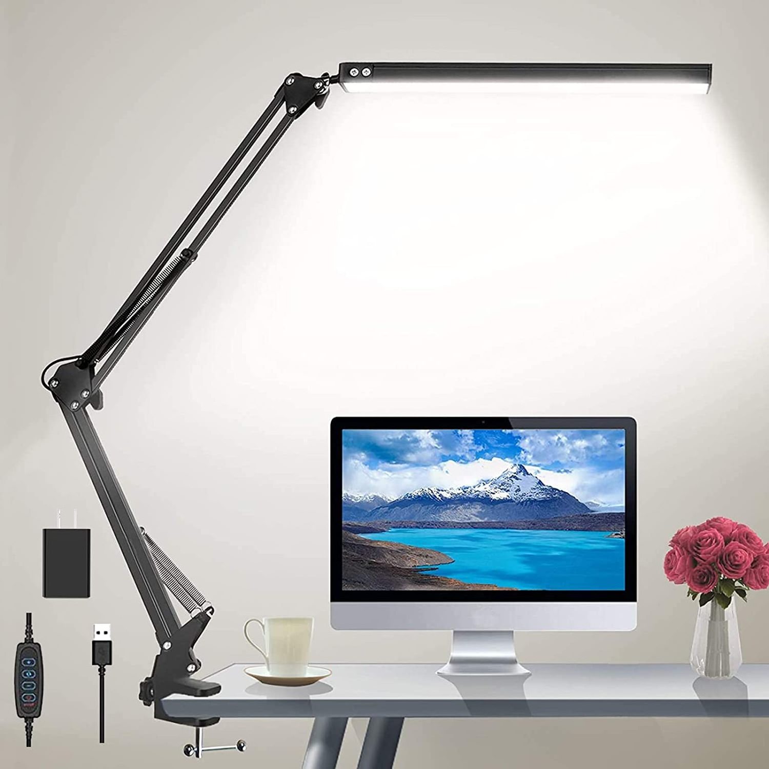 Swing Arm LED Desk Lamp Adjustable Eye-Caring Desk Light with Clamp 3 Color Modes,10 Brightness Levels Desk Lamp for Home,Office