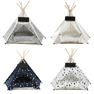 High Quality Small House Solid Wood Portable Indoor Outdoor Cotton Canvas Pet Teepee Puppy Dog Cat Bed Tent With Wood Pole