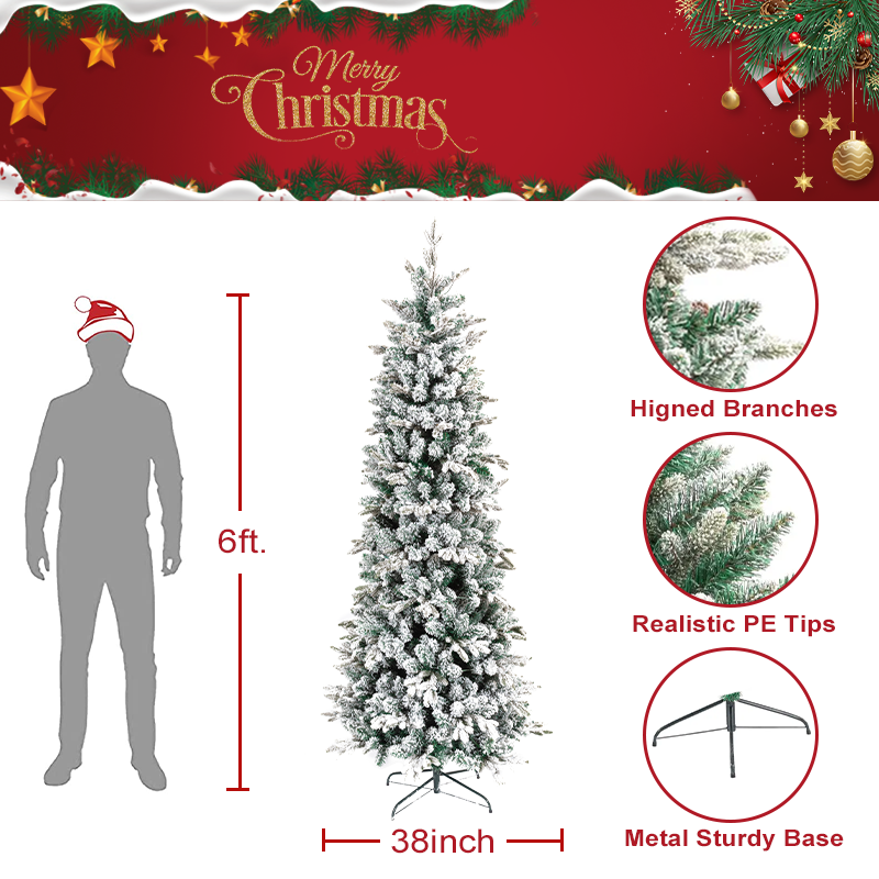 Hot Seller Artificial Winter Themed Snow Flocking PVC Plastic Slim Pencil Christmas Tree For Holiday