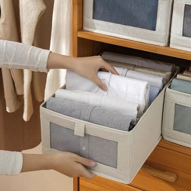 Cotton Linen Visible Window Storage Box Wholesale Wardrobe Storage Box Fabric Finishing Cotton Linen Storage Box