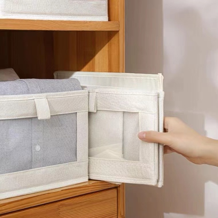 Cotton Linen Visible Window Storage Box Wholesale Wardrobe Storage Box Fabric Finishing Cotton Linen Storage Box