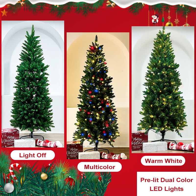 Premium Unlit 7 Feet Artificial Hinged Fat Pine Christmas Tree with Metal Stand for Home Party Office Decorations