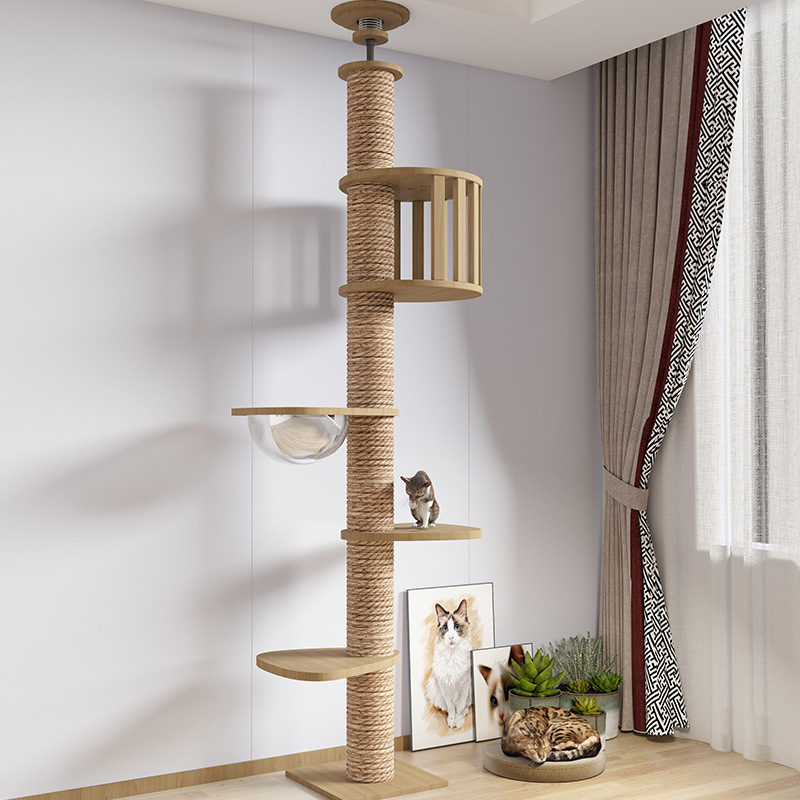 Cat Tower Pillar Tree With Hammock Toy Bed Cat Ceiling Tree Tower Multi-Layer Cat Climbing Frame Tree