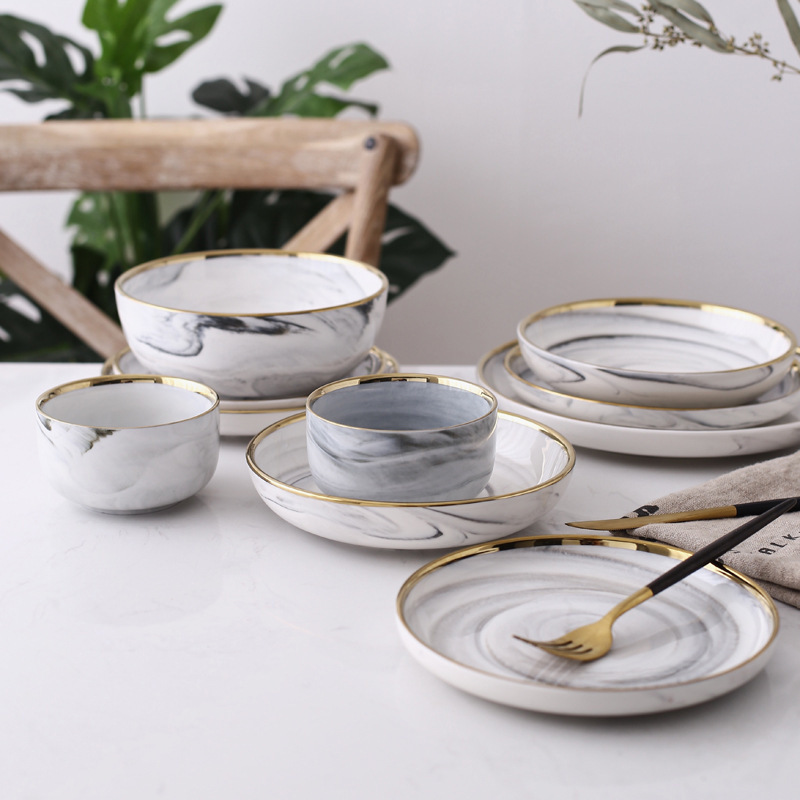 Phnom Penh Marble Grain Porcelain Plate Set Porcelain Ceramic Spoon Bowl Dinner Set With Gift Box