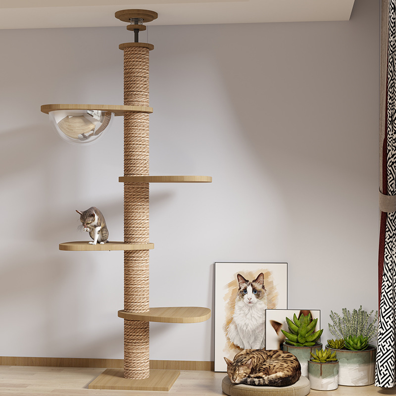 Cat Tower Pillar Tree With Hammock Toy Bed Cat Ceiling Tree Tower Multi-Layer Cat Climbing Frame Tree