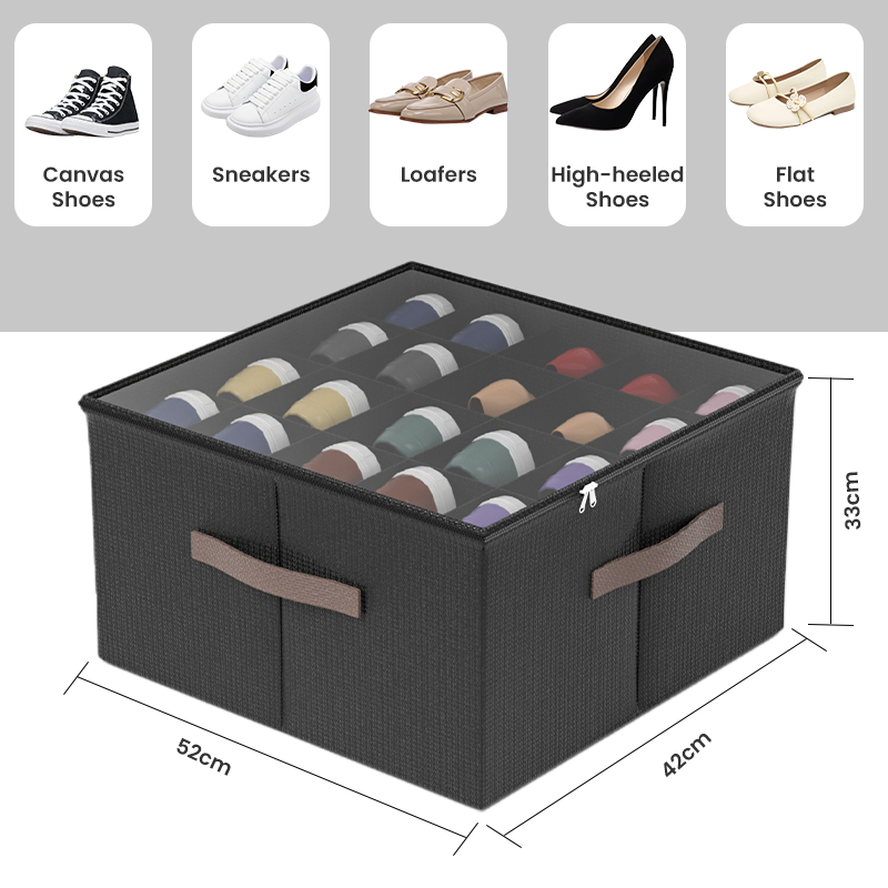 Shoe Organizer for Closet with Fabric Shoe Storage Bins Clear Cover, Adjustable Dividers, and Foldable Bottom