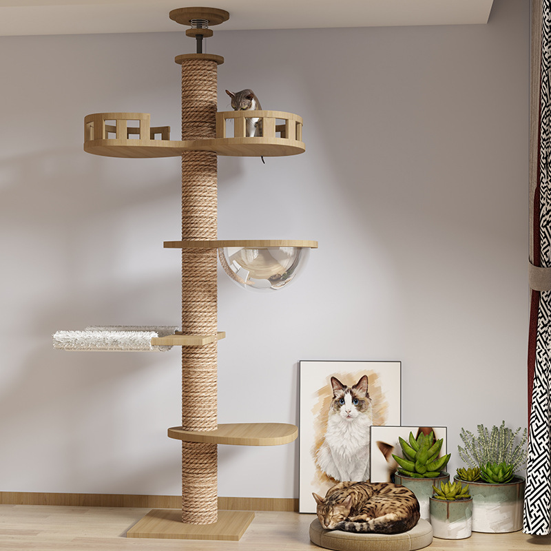 Cat Tower Pillar Tree With Hammock Toy Bed Cat Ceiling Tree Tower Multi-Layer Cat Climbing Frame Tree